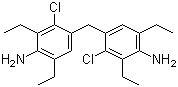 Chemical structure diagram of MCDEA (4,4′-Methylenebis(3-chloro-2,6-diethylaniline)), CAS 106246-33-7, an aromatic diamine chain extender and epoxy curing agent with molecular formula C21H28Cl2N2.