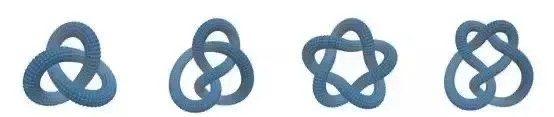 Several simple synthetic molecular knots. From left to right are the three-leaf knot, the figure-of-eight knot, the five-leaf knot and the double figure-of-eight knot.